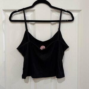 Black Rib-Knit Cropped Cami Top with Embroidered Mushroom Patch Design NWOT